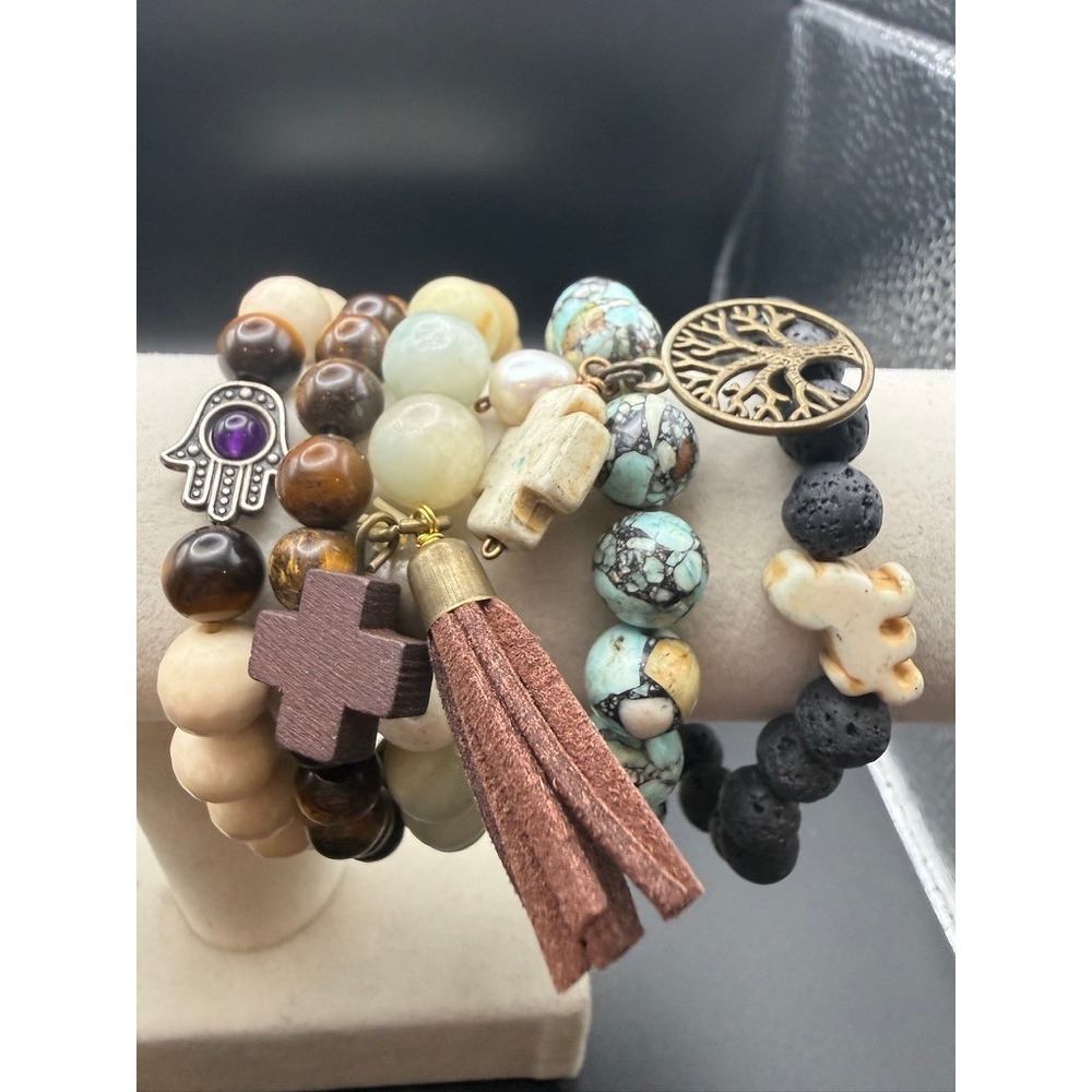 Beaded Stretch Bracelet Lot 5 Hamsa Tree Cross Tassel Boho